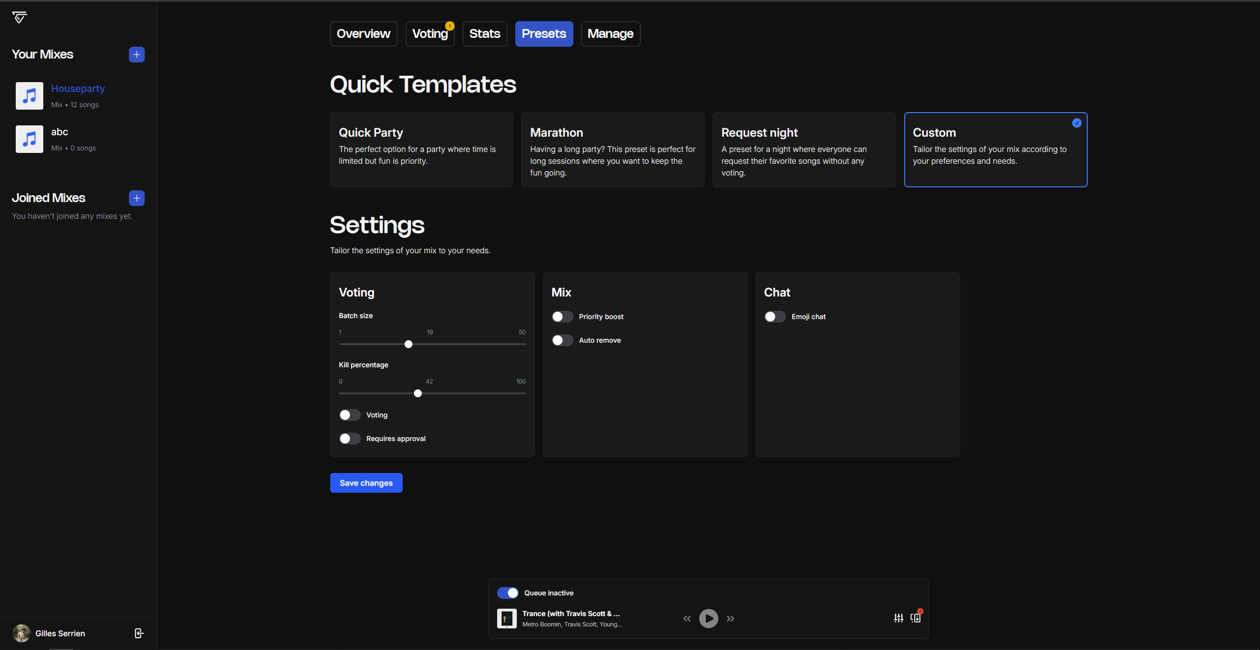 A demo image of a mix on Tunofy featuring a mix's presets subpage